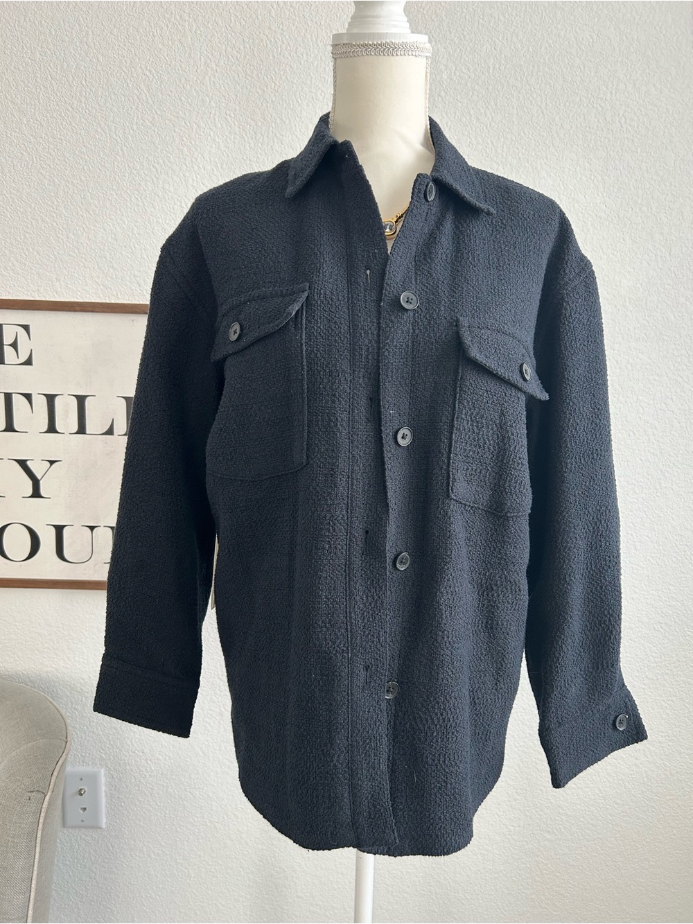 Babaton Black Textured oversized Button-Front Shirt Jacket